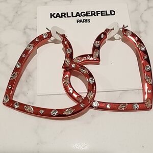 Karl Lagerfeld- Paris Heart-Shaped Red Hoop Earrings with Crystal Accents